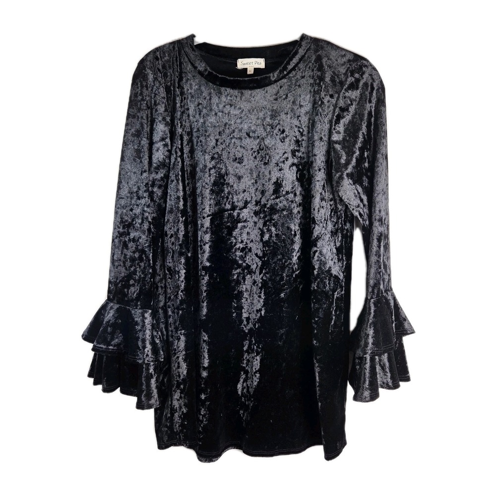 Crushed Black Velvet Long Bell Sleeve‎ Top Womens Witchy Whimsigoth Goth Grunge